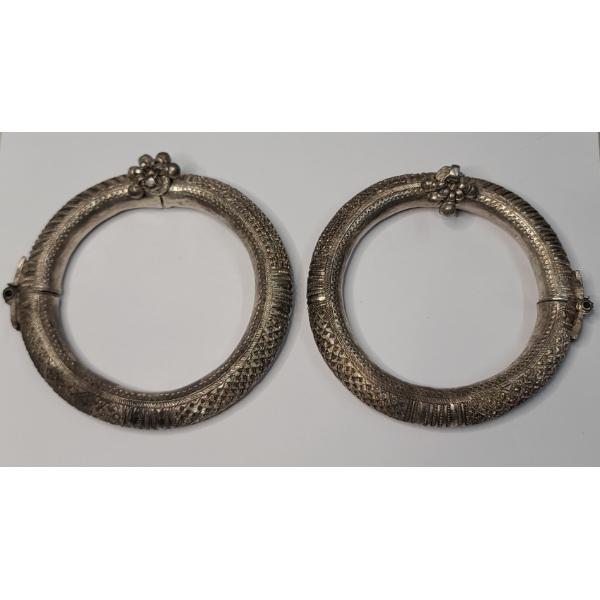 Unique Vintage South Asia Higher Percentage Silver 4.5" Tribal Ankle Bangles - Total Weight: 383.3g