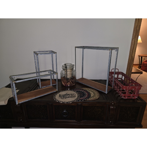 3 Wood and Metal Shelves and Other Assorted Decor