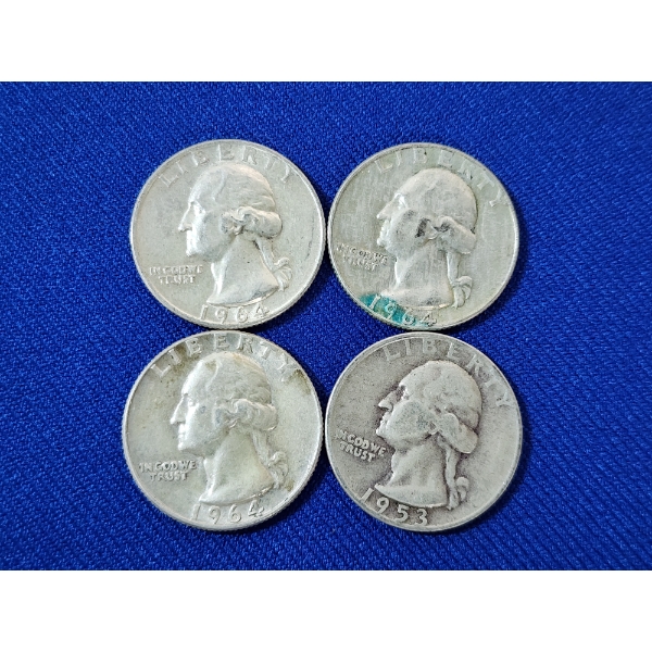 x4 Assorted Years U.S. 90% Silver Washington Quarters FV: $1.00
