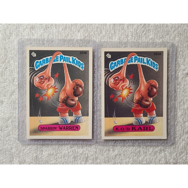Two 1987 Topps Garbage Pail Kids Trading Cards - 322A Sparrin' Warren & 322B K.O.'D. Karl - Near Min