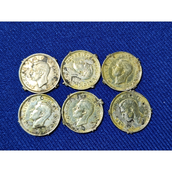 x6 1941 British 3 Pence Silver Coins ASW: 0.042 oz Each