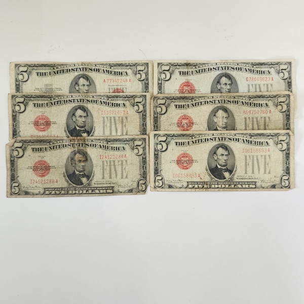 Six United States Red Seal $5 Notes - Face Value $30.00