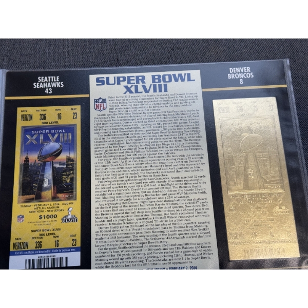 Authentic 2014 Super Bowl XLVIII NFL Football Ticket & 24K Gold Plated Ticket - Mint Condition