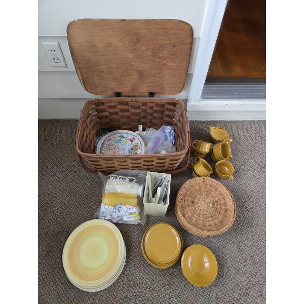 PICKUP IN CANTON - Vintage Picnic Basket, Includes Wicker Plate Holders, Cups, Plates Table Cloth, A