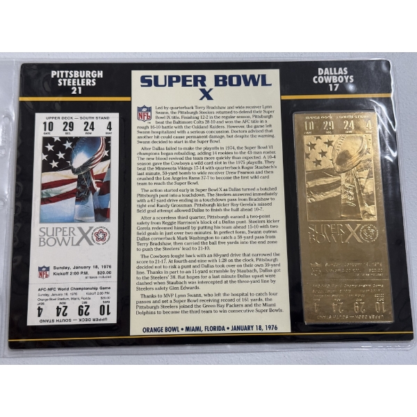 Authentic 1976 Super Bowl X NFL Football Ticket & 24K Gold Plated Ticket - Mint Condition