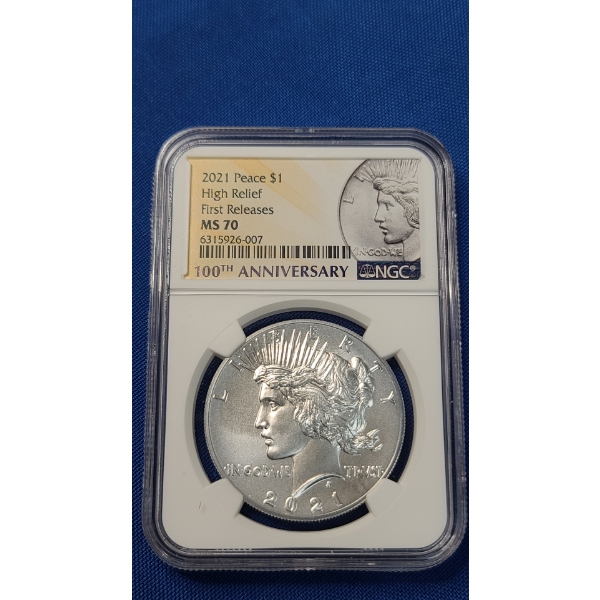 2021 NGC High Relief First Releases MS 70 100th Anniversary 90% Silver Peace Dollar 