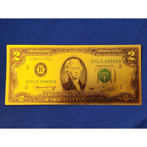 United States $2 Note 999999 Gold Foil Banknote - Excellent Condition