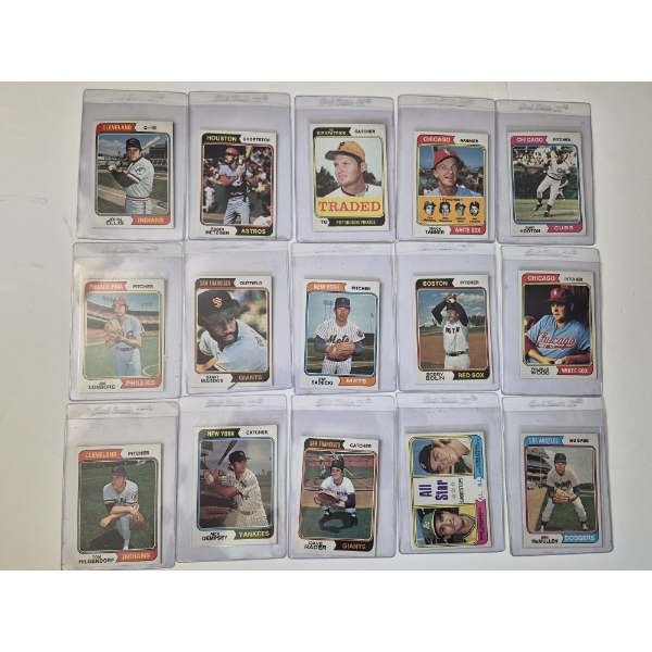 MINT 1974 TOPPS BASEBALL CARDS - 15 ASSORTED SLEEVED CARDS IN NEVER TOUCHED FRESH CONDITION 