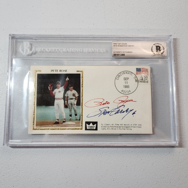Beckett Grading Services First Day Cover SIGNED 1985 Pete Rose & Steve Garvey Authentic Autographs