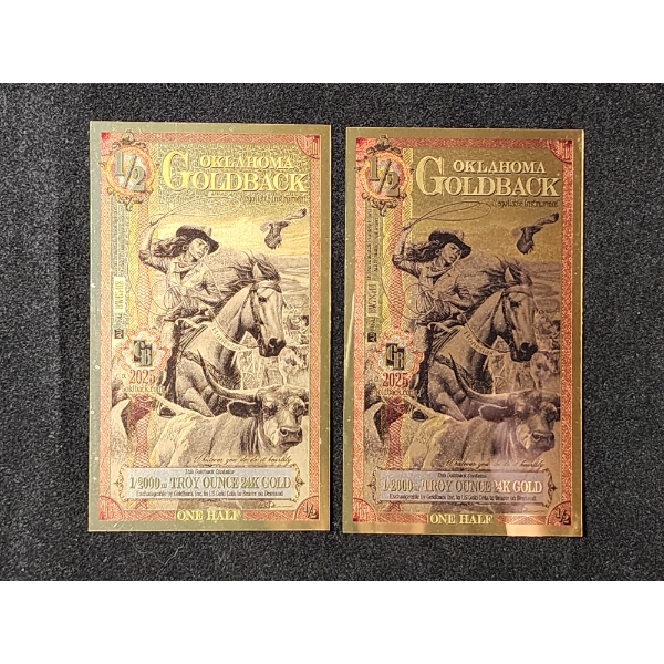Two 2025 1/2 Oklahoma Goldback Notes - EACH WITH 1/2000TH Troy Ounce 24K Gold