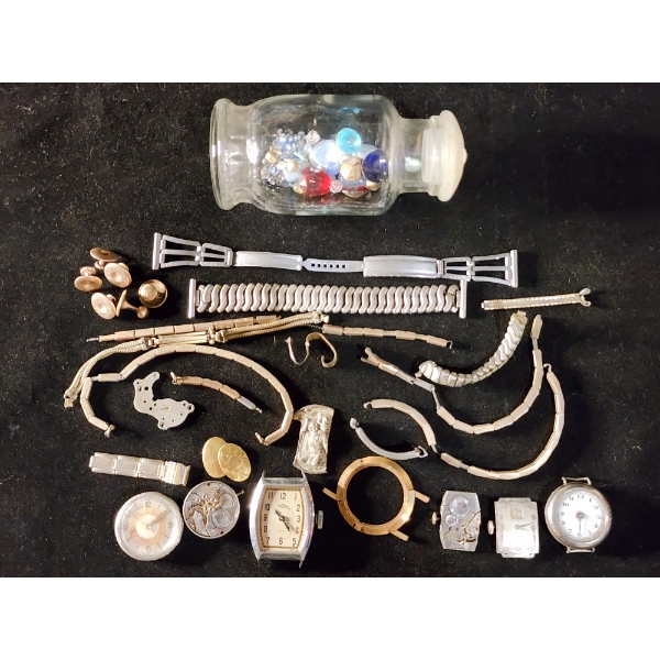 Lot of Assorted Watch & Jewelry Parts Including Watch Heads & Mechs Along With Asstd Stones