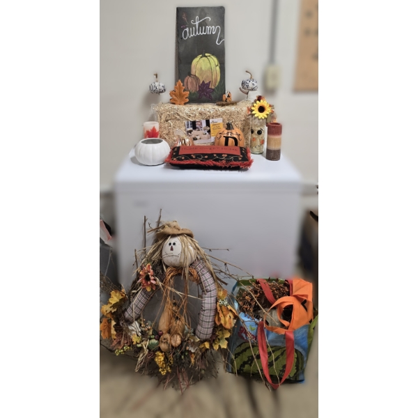 Fall Decor incl Scarecrow Wreath, Hay Bale, Box of Large Pinecones and More