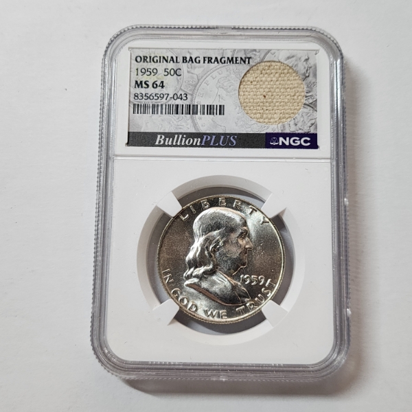 NGC MS64 United States 1959 90% Silver Franklin Half Dollar w/ Original Bag Fragment 