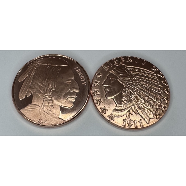Two One Ounce 0.999 Fine Copper Bullion Rounds- Incredible Condition! 