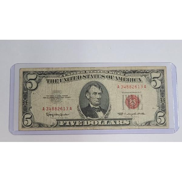 United States Series 1963 $5 Red Seal Bank Note With Granahan And Dillon Signatures