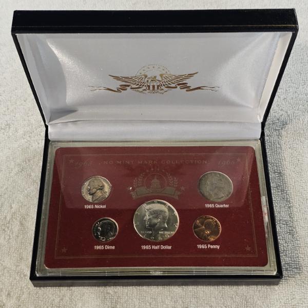 1965 "No Mint Mark Collection" 5-Coin Boxed Set with 40% Silver Kennedy Half-Dollar