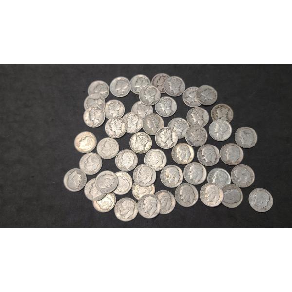 Assorted Years/Mint Marks 90% Silver Mercury & Roosevelt Dimes- Face Value: $5.00