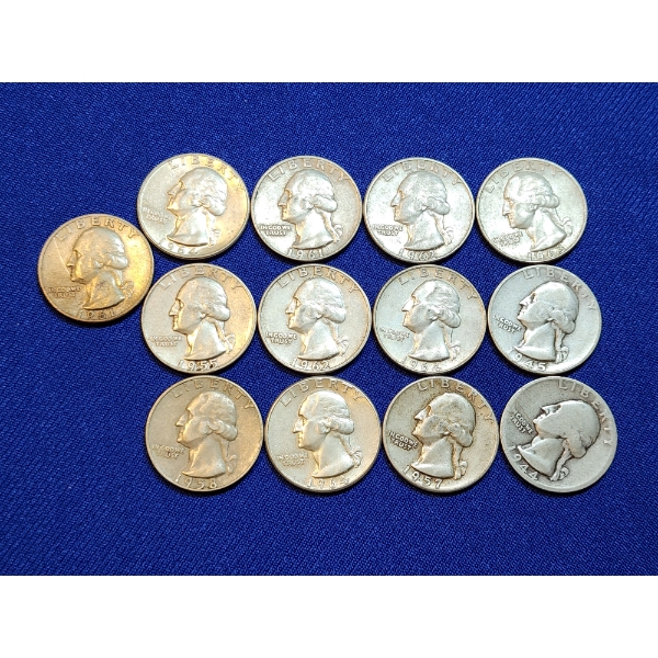 Assorted Years 90% Silver Washington Quarters - Face Value: $3.25