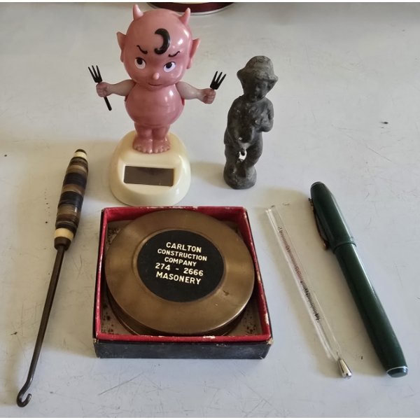 Vintage Odds and Ends incl Metal Peeing Boy, Magnifying Glass and More