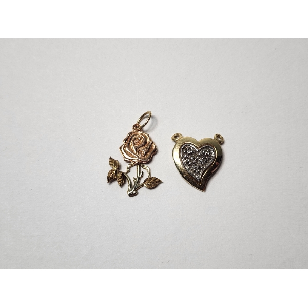 14K Gold Three-Tone Rose Pendant & 14K Gold Two-Tone Heart Pendant Total Weight: 2.1g