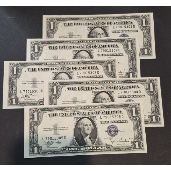 RARE U.S. CURRENCY - FIVE (5) SEQUENTIAL UNCIRCULATED 1934-C $1 SILVER CERTIFICATES - VERY HTF