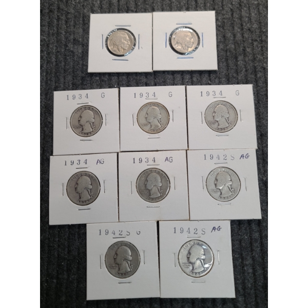 (8) 90% Silver Washington Quarters & (2) Buffalo Nickels Face Value: $2.10