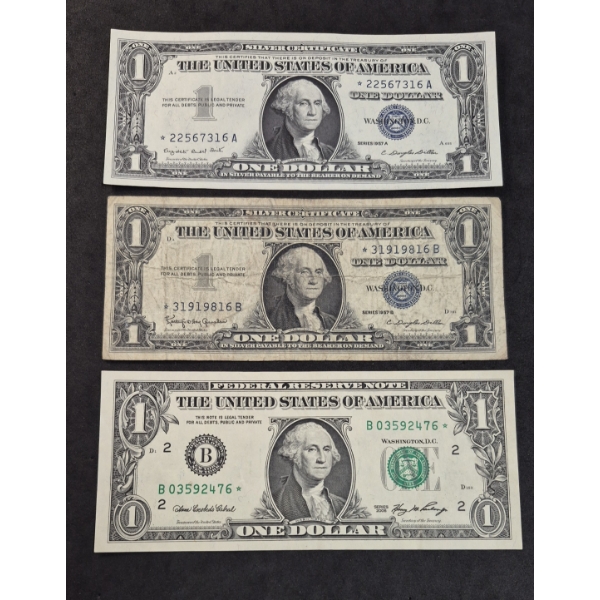 U.S. CURRENCY - RARE  STAR NOTES - 2 $1 Silver Certificates (Uncirculated) & 1 Federal Reserve Note 