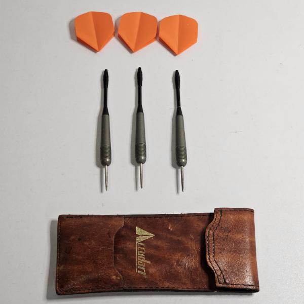 Vintage Accudart Set ft. Brass Darts with Steel Tips, Orange Plastic Flights, and Leather Case