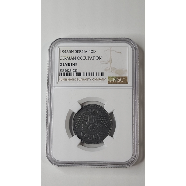 NGC Certified Genuine 1943 BN Serbia 10 Dinara German Occupation Coin