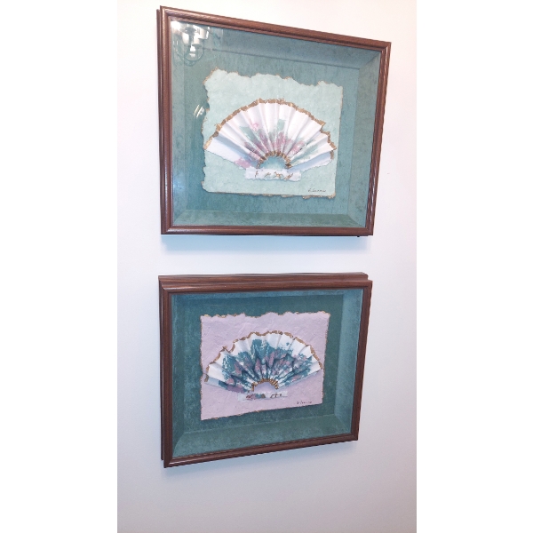 2 Pc Framed Hand Painted Art - Depictind Folds / Fan As Shown 14" by 16" Overall - Nice Decor items
