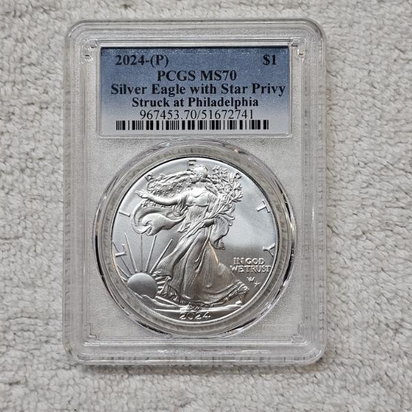 2024 (P) American 99.9% Fine Silver Eagle with Star Privy graded as MS70 by PCGS