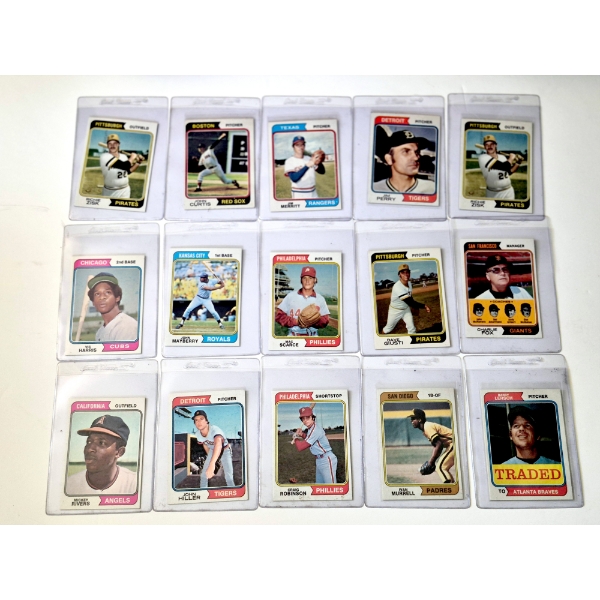 MINT 1974 TOPPS BASEBALL CARDS - 15 ASSORTED SLEEVED CARDS IN NEVER TOUCHED FRESH CONDITION 
