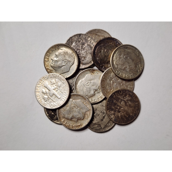 13 Assorted 90% Silver United States Dimes - Face Value $1.30 