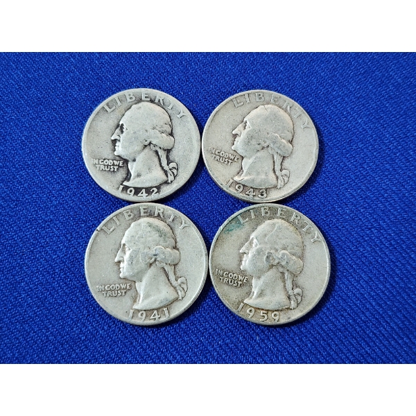 x4 Assorted Years U.S. 90% Silver Washington Quarters FV: $1.00