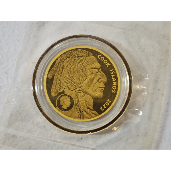 Collectible Cooks Island 2022 $5 Buffalo Indian Head Tribute Replica Gold-Tone Coin 