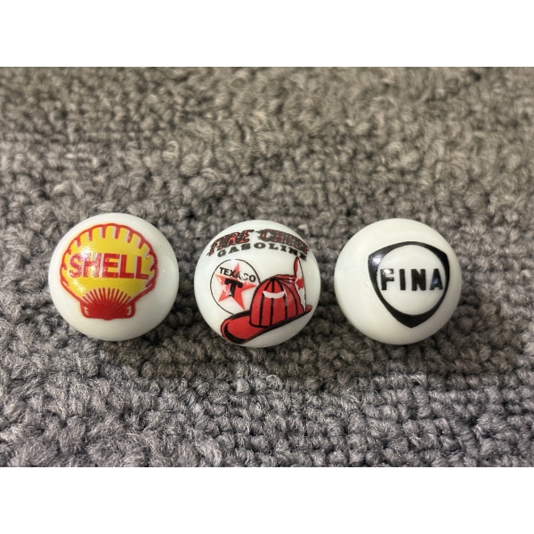 3 - Vintage Gas & Oil Advertising One Inch Shooter Marbles - Shell, Texaco & Fina