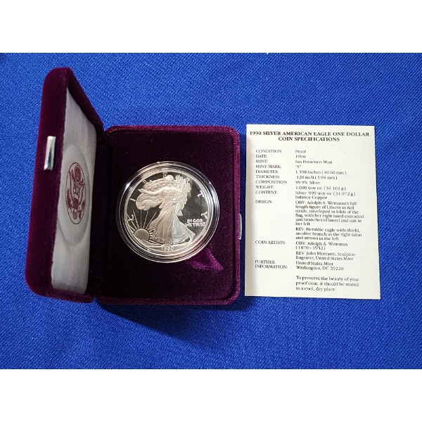 1990 Silver American Eagle - 1 oz .999 Fine Silver - with Display and CoA