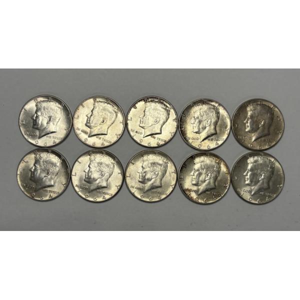 Lot of (10) 1964 Kennedy Half Dollars, 90% Silver- FV $5  