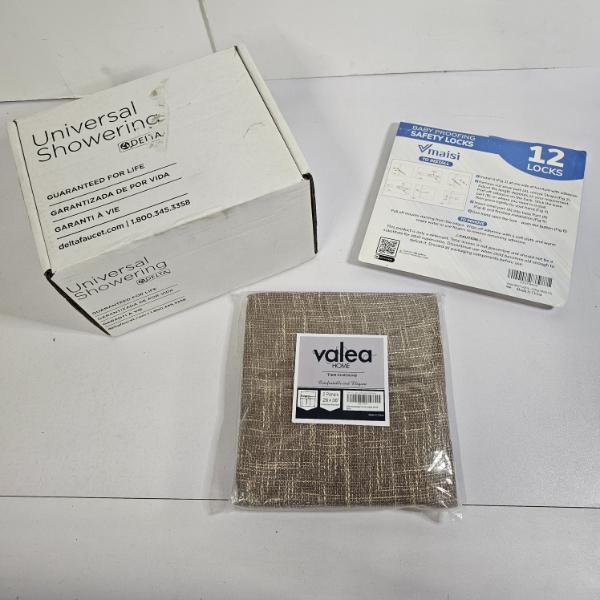 Lot of Household Goods: Delta Showering Component, Valea Home Curtains, and Maisi Baby Safety Locks