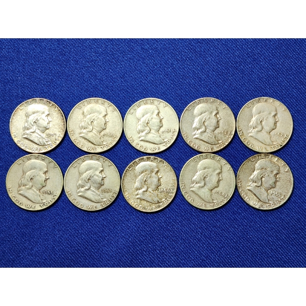 x10 Assorted Years 90% Silver Franklin Half Dollars FV: $5.00