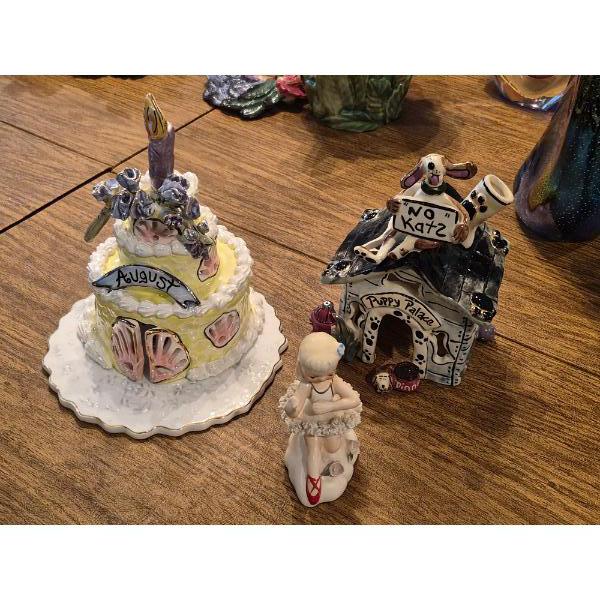 3 Pcs Porcelain Figural Houses & Figurine As Shown - Nice condition