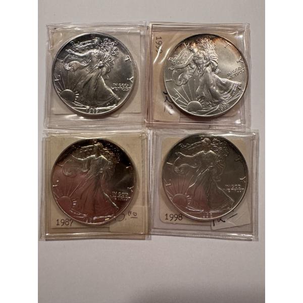 4 - United States American Silver Eagles .999 Fine Silver Troy Oz Coins - Beautifully Toned - Mint