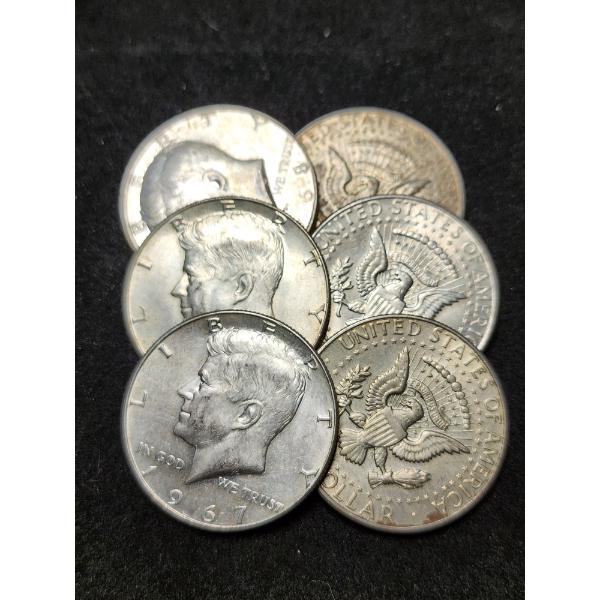 Six Assorted 40% Silver Kennedy Half Dollars