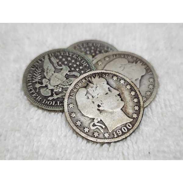 Four Assorted United States 90% Silver Barber Quarters ~ $1.00 Face Value!