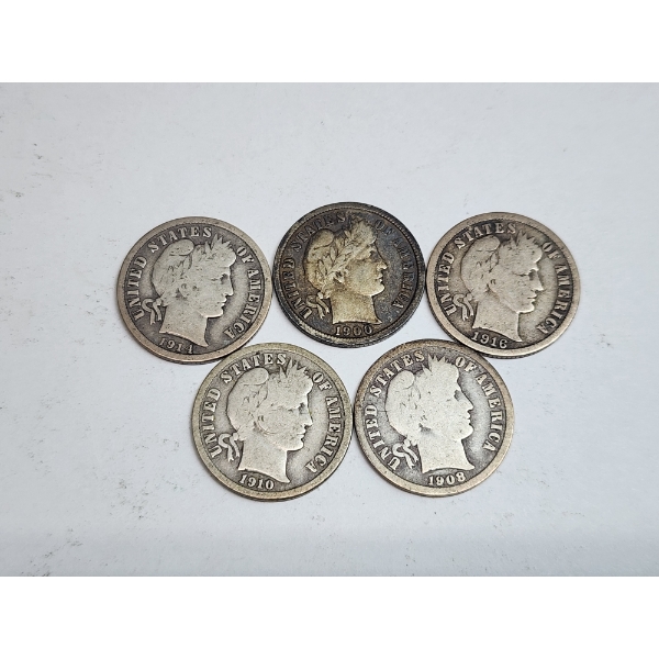 (5) Assorted Years 90% Silver Barber Dimes - FV: $0.50