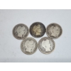 Image 1 : (5) Assorted Years 90% Silver Barber Dimes - FV: $0.50