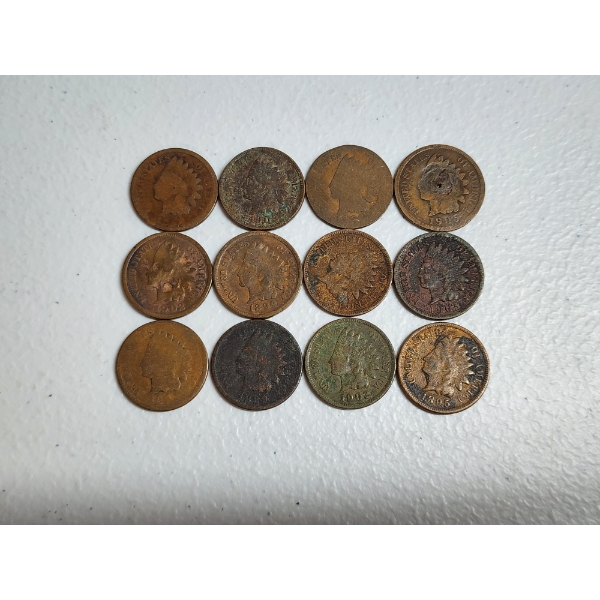 Lot of 12 Assorted Years U.S. Indian Head Cents