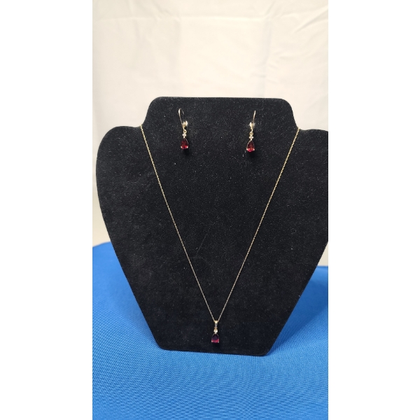 10K Gold Necklace And 10K Gold Pendant Ft Ruby And Clear Stone With Matching Earrings- Weight: 4.1g