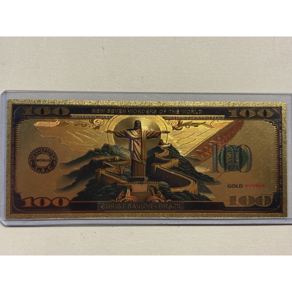 Christ Savior Brazil - Seven Wonders of the World .999 Gold Foil Note In Holder - Mint Condition