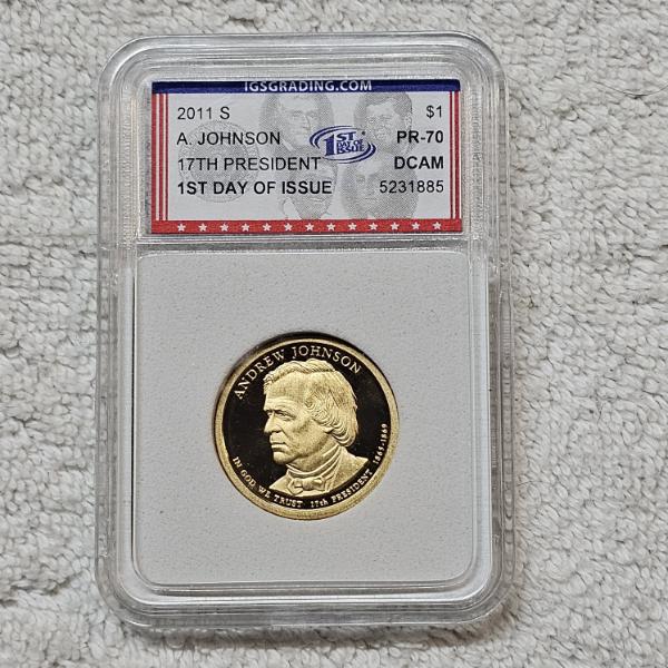 2011 Andrew Johnson Presidential Dollar, graded PR-70 Deep Cameo (DCAM) by IGS Grading